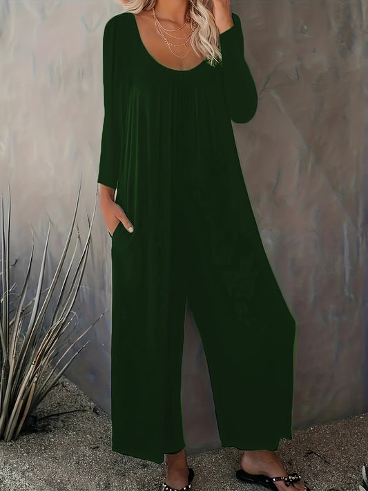  Casual Jumpsuit Solid Long Sleeve Wide Leg Jumpsuit With Pockets