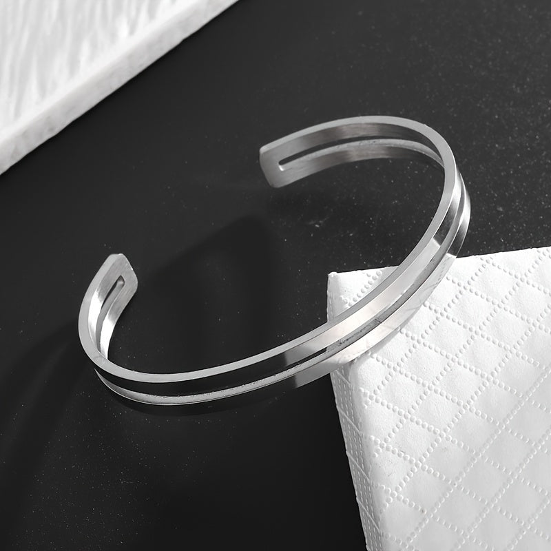 Stainless Steel Double Stripe Cuff Bracelet - Adjustable Hollow Design