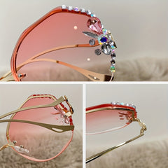 Y2K Half Rim Round Sunglasses Rhinestone Decor Eyeglasses Women