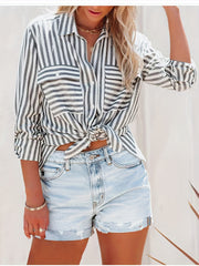 Women's Plus Stripe Print Button Up Long Sleeve Blouse