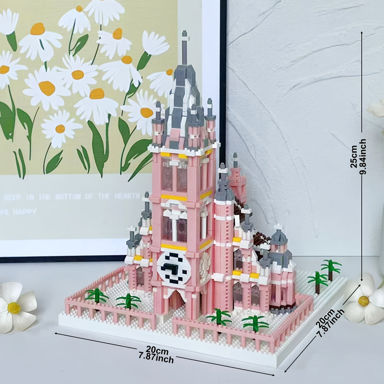 Pink Gothic Church Building Brick Model 3D Assembly Toy