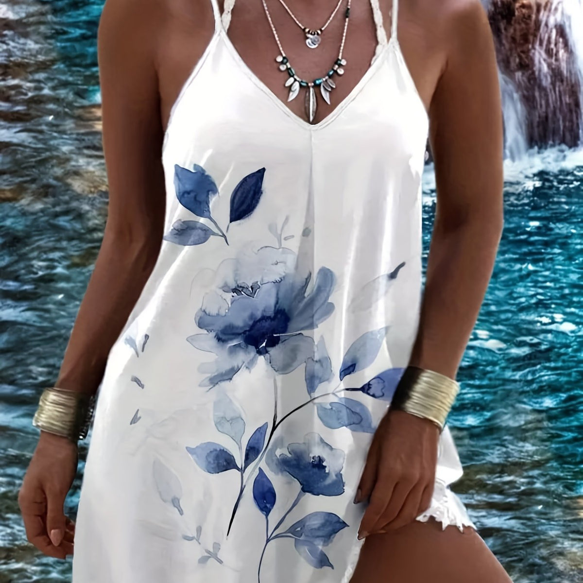  Floral Print V Neck Cami Summer Dress