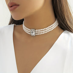 Beaded Faux Gemstone Pearl Choker Necklace Women's Party Jewelry