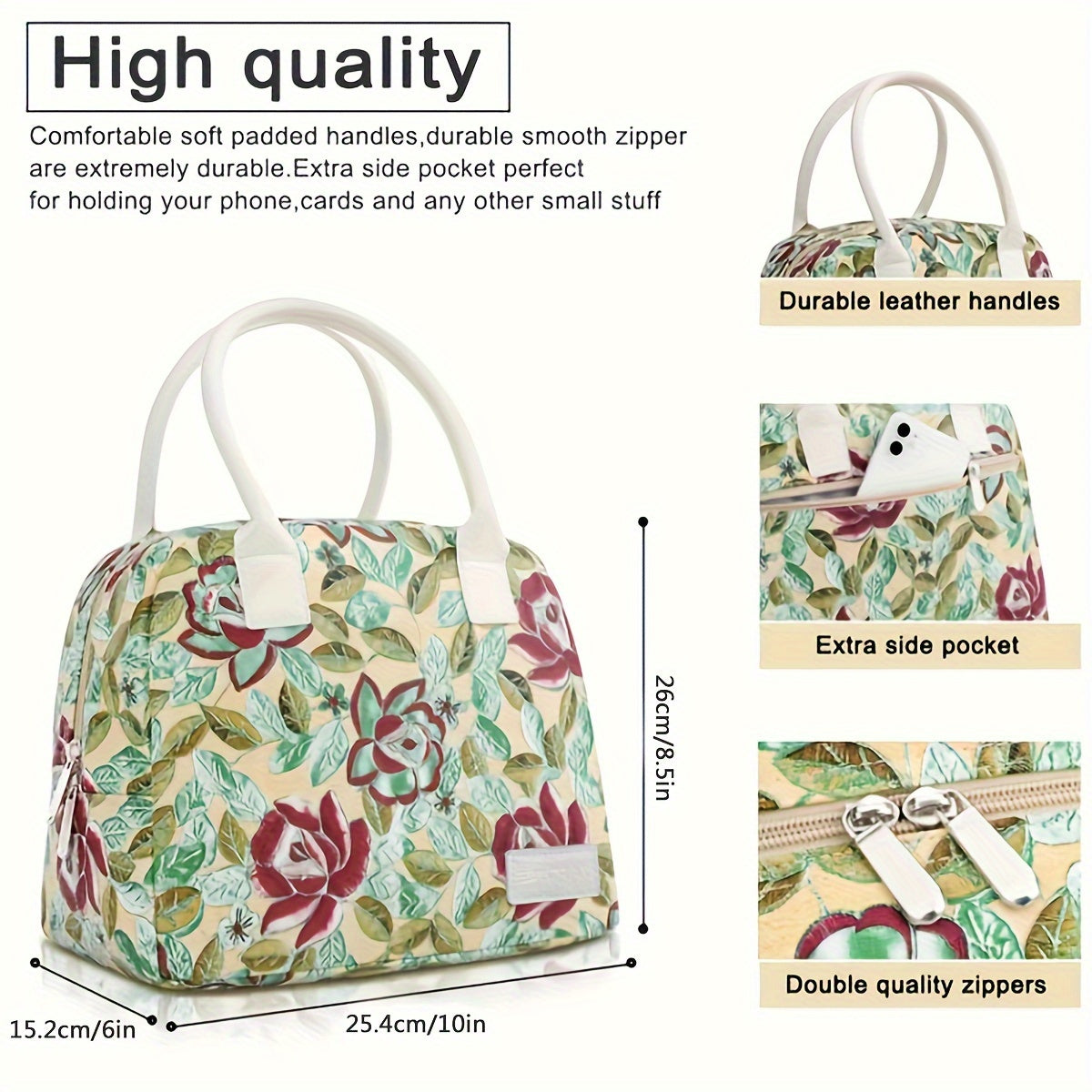 Rose PU Insulated Lunch Bag With Handle And Zipper
