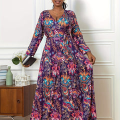  Allover Print Long Sleeve Maxi Dress With Belt