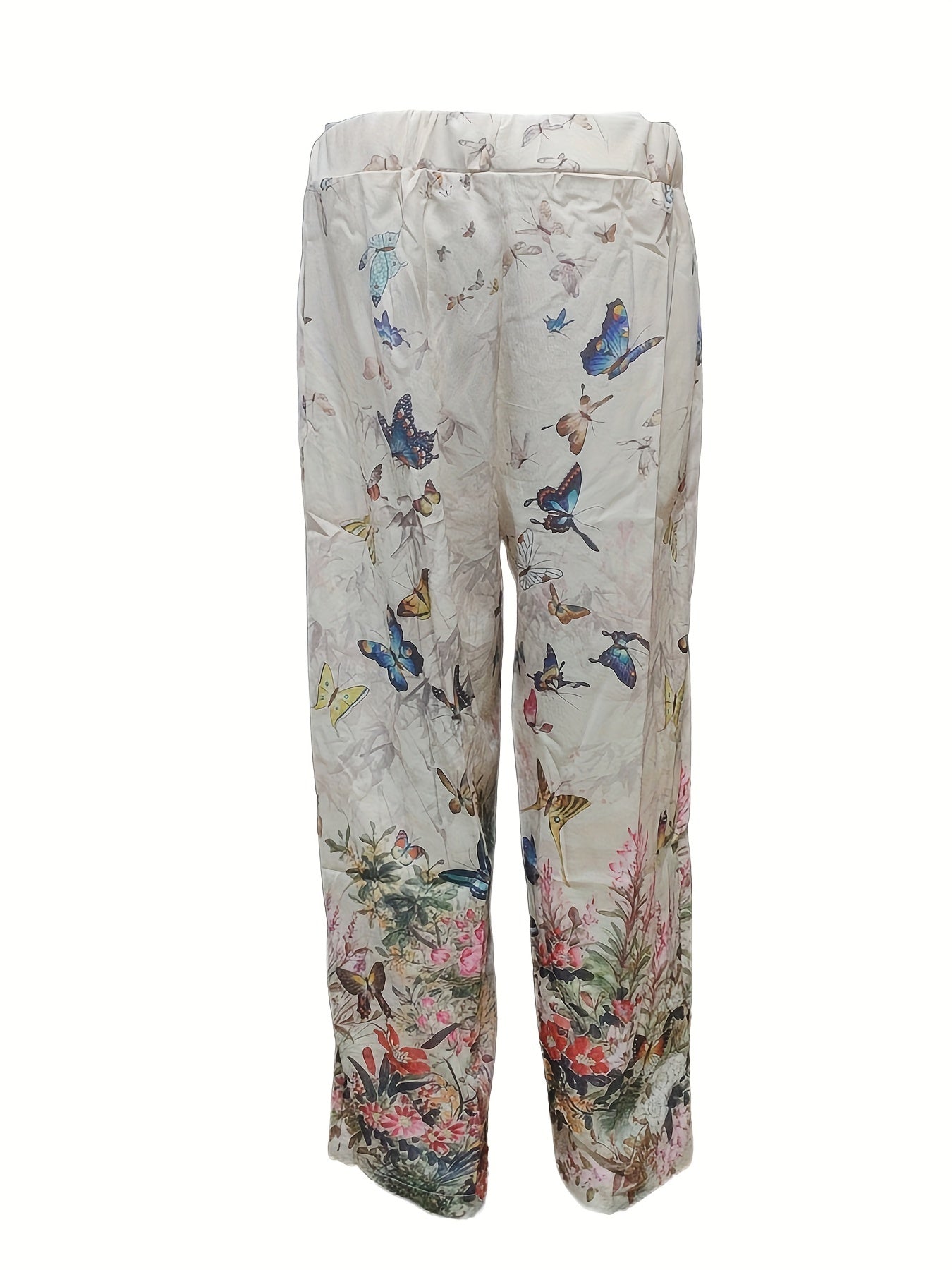  Butterfly Print Straight Leg Pants With Pockets
