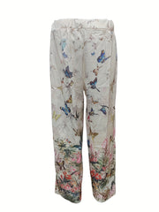  Butterfly Print Straight Leg Pants With Pockets