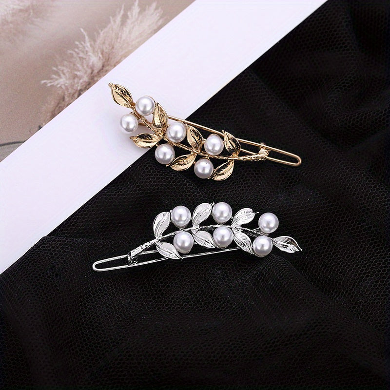 Alloy Hair Clip Golden Leaf Faux Pearl Headwear Bangs Clip
