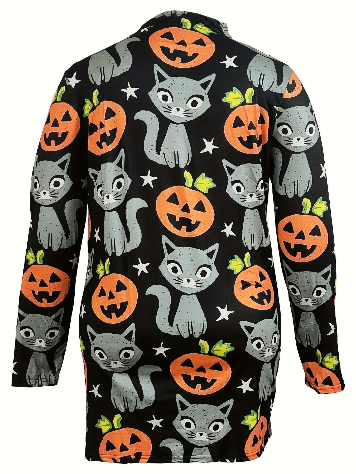  Pumpkin & Cat Print Cardigan, Long Sleeve Open Front