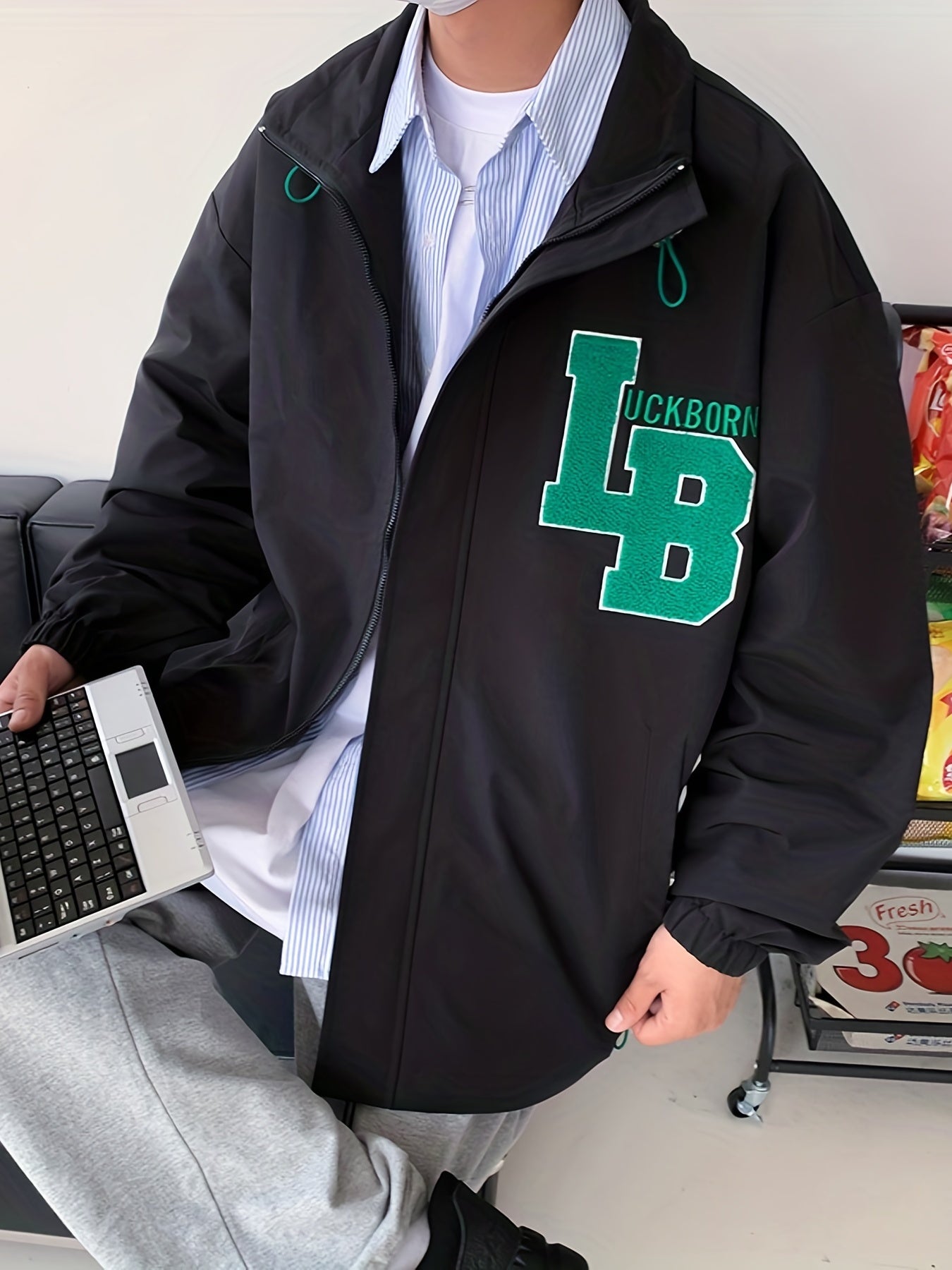 Men's Embroidery Drawstring Jacket Stretch Zip Up Stand Collar Jacket