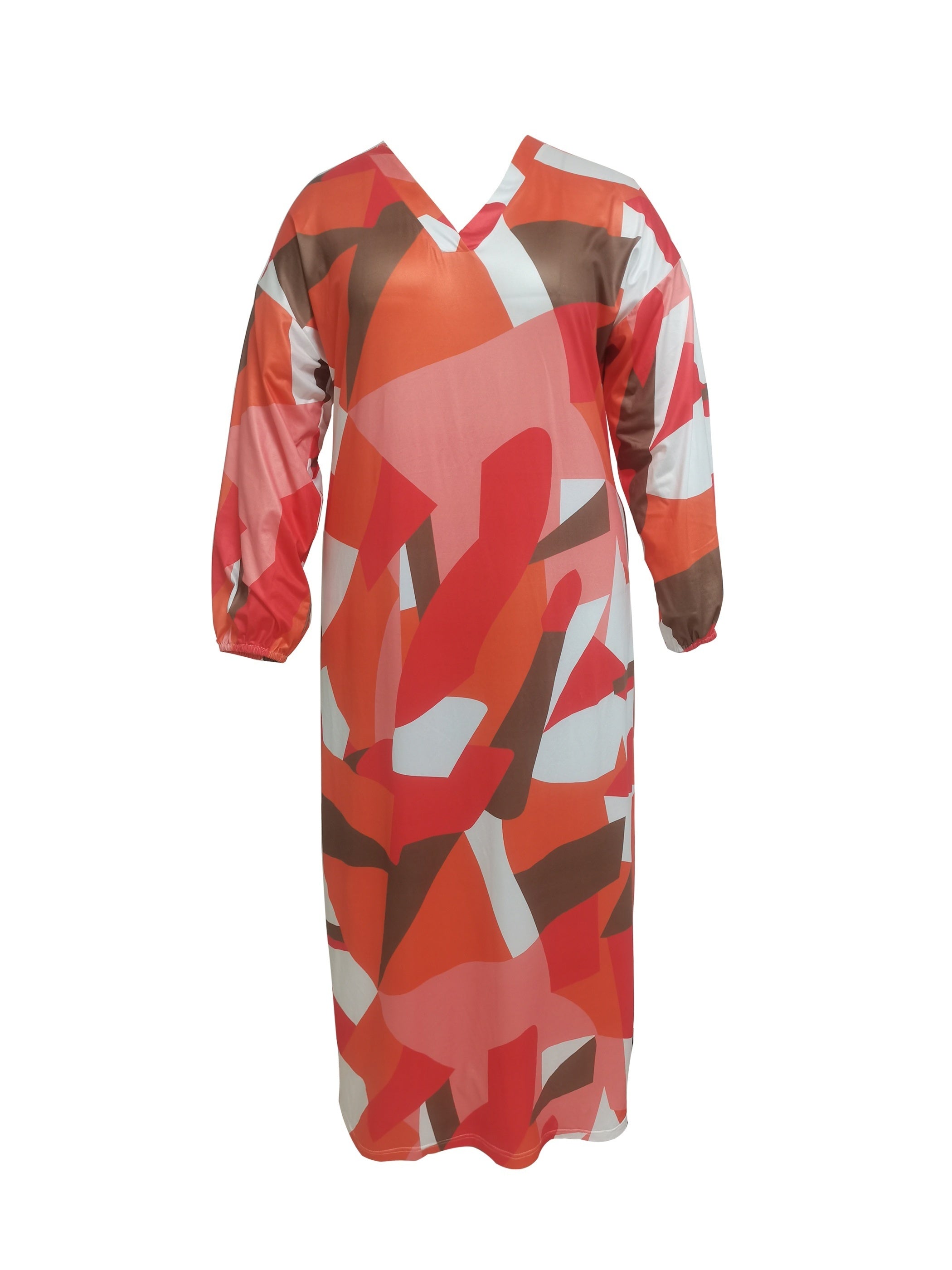Plus Size Women's Colorblock Geometric Print Long Sleeve Maxi Dress