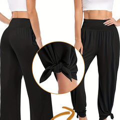  Sporty Pants Women's Plus Solid High Waist Adjustable Tie Knots Pocket