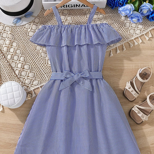 Girls' Striped Off Shoulder Slip Dress with Belt