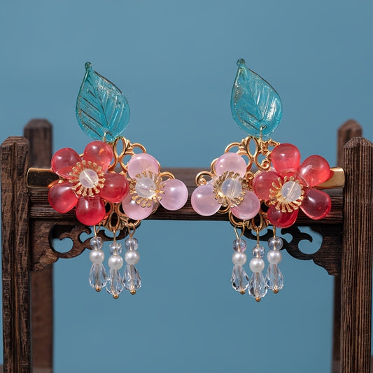 Peach Tassel Flower Leaves Hairpin Headdress Vintage Hair Accessories