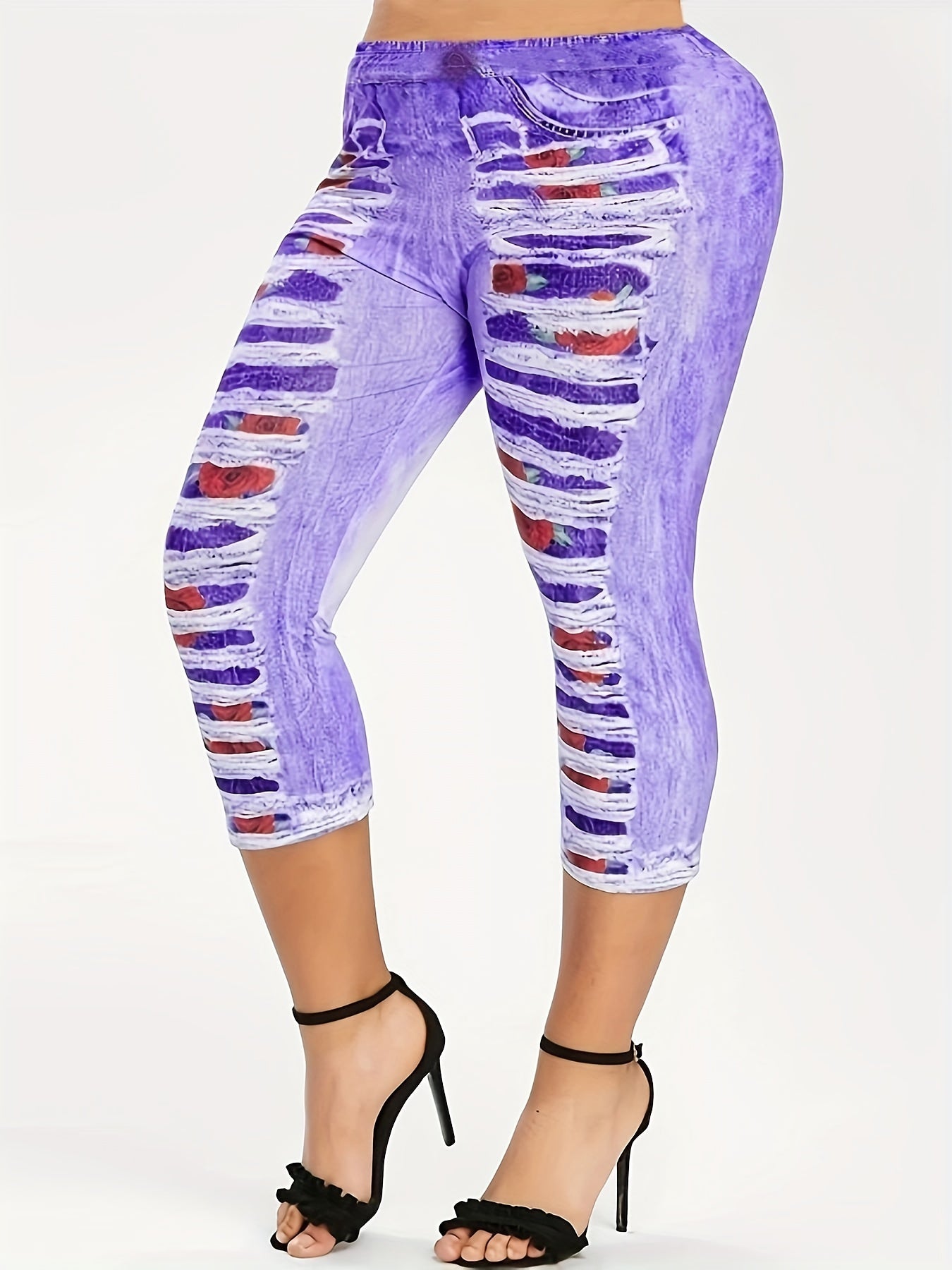 Denim Print Elastic Leggings Casual Skinny Yoga Pants