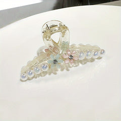 Faux Pearl Hair Claw With Flower Jelly Hair Claw Ponytail Holder