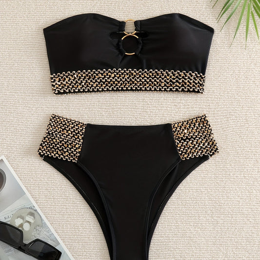Glitter Band Ring Bikini Set Sexy Swimsuit Beachwear Stretchy Women's Swimwear