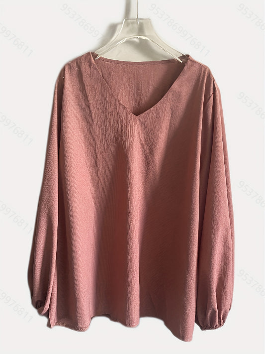  Casual Blouse Women's Plus Solid Lantern Sleeve V Neck Stretch Top