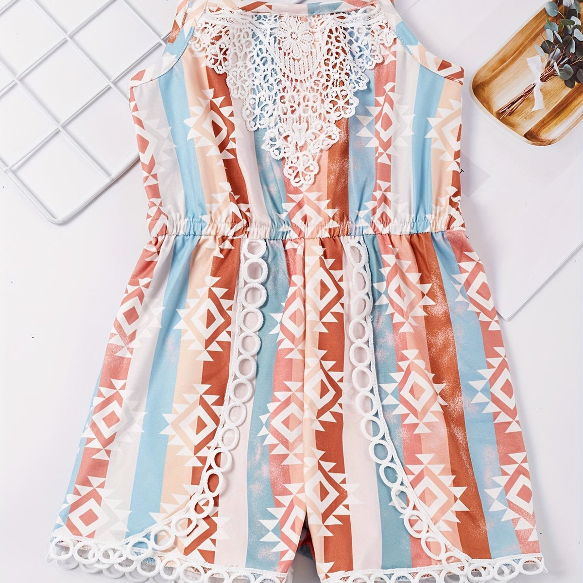 Toddler Girls Block Stripe And Abstract Graphic Lace Trim Cami Rompers Jumpsuits