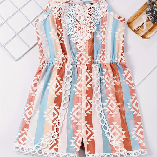 Toddler Girls Block Stripe And Abstract Graphic Lace Trim Cami Rompers Jumpsuits
