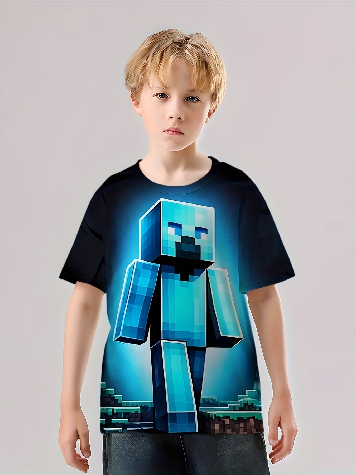Pixel Man 3D Print Boy's Tee Short Sleeve Crew Neck T-shirt for Kids