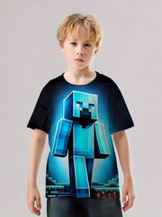 Pixel Man 3D Print Boy's Tee Short Sleeve Crew Neck T-shirt for Kids