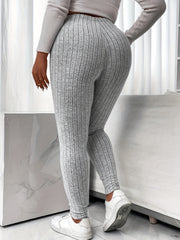  Solid Ribbed High Rise Stretch Skinny Trousers