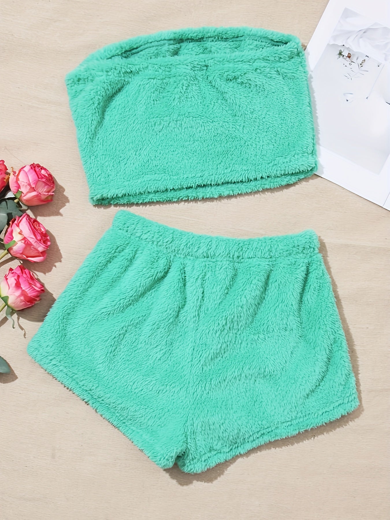 Fuzzy Pajama Set Strapless Crop Top & Shorts Women's Sleepwear