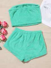 Fuzzy Pajama Set Strapless Crop Top & Shorts Women's Sleepwear