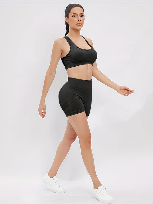 2pcs Hollow Back Sports Bra & High Waist Butt Lifting Shorts Set