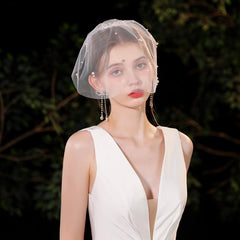 Vintage Style Bridal Veil with Beaded Detail Mesh Overlay for Wedding Photos