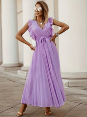 V Neck Pleated Ruffle Maxi Party Dress