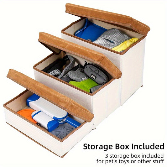 Foldable 3-Tier Pet Stairs for High Bed with Storage