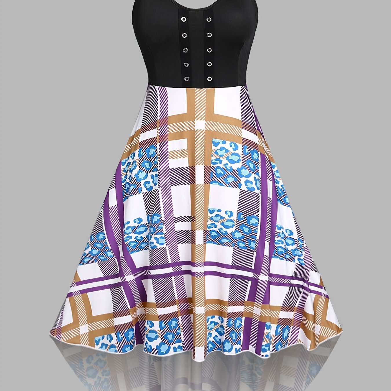  Plaid Print Grommet Sweetheart Neck Dress