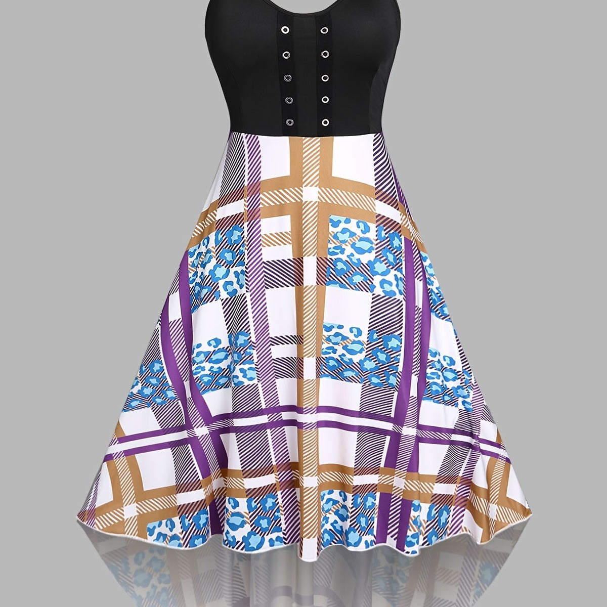  Plaid Print Grommet Sweetheart Neck Dress