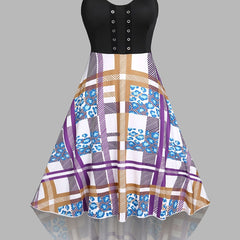  Plaid Print Grommet Sweetheart Neck Dress