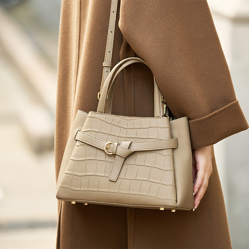 Crocodile Pattern Cowhide Women's Handbag for Commuting