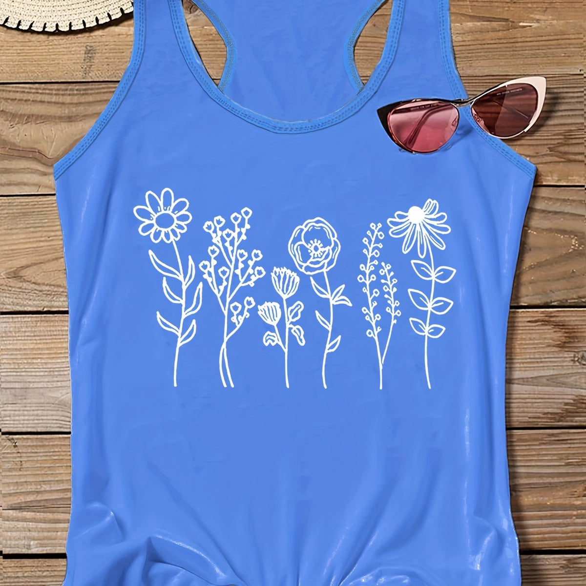  Casual Tank Top Women's Plus Floral Print Round Neck Slight Stretch