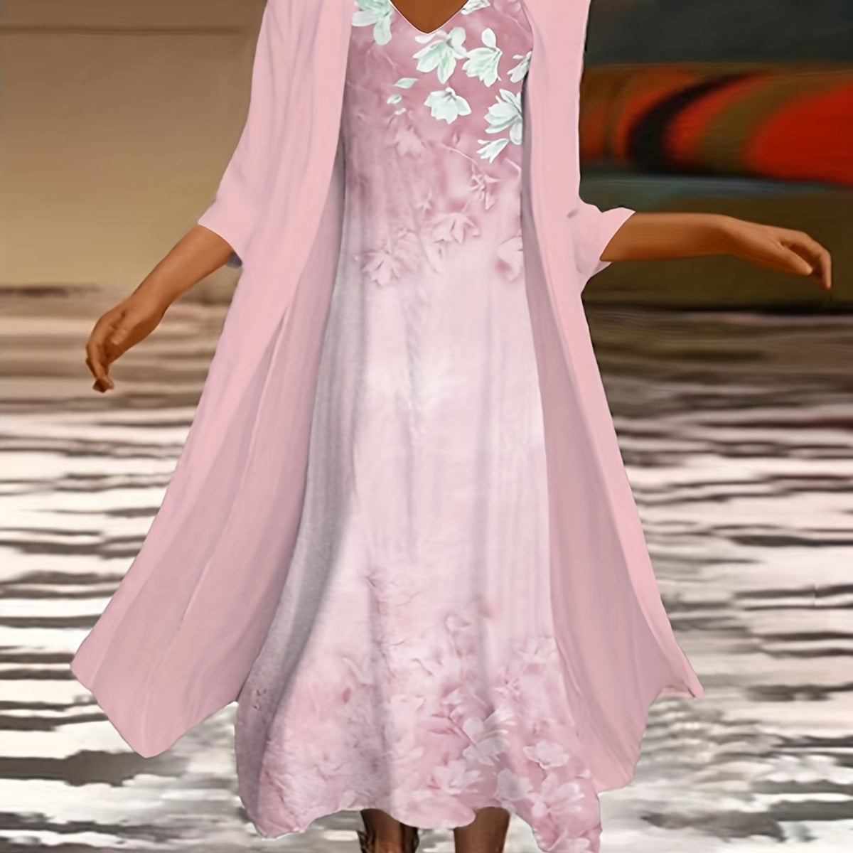 Floral Print Tank Dress & Half Sleeve Coat Set