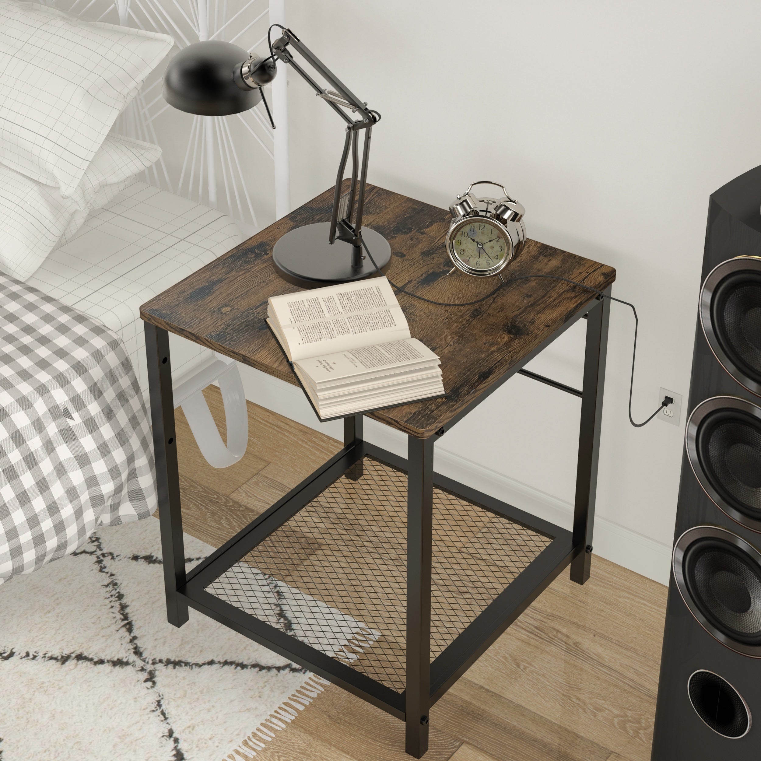2 Tier End Table Nightstand with Storage Shelf Industrial Style Rustic Brown