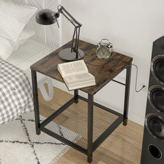 2 Tier End Table Nightstand with Storage Shelf Industrial Style Rustic Brown