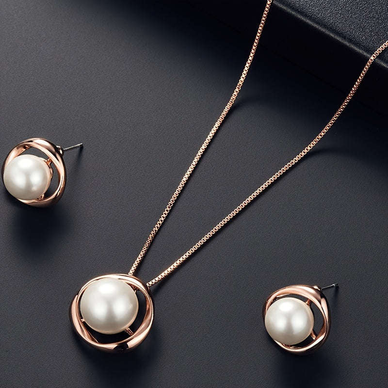 Faux Pearl Inlaid Round Jewelry Set Pendant Necklace & Stud Earrings