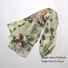Vintage Rose Print Chiffon Scarf Green Shawl Thin Hijab Women Headscarf