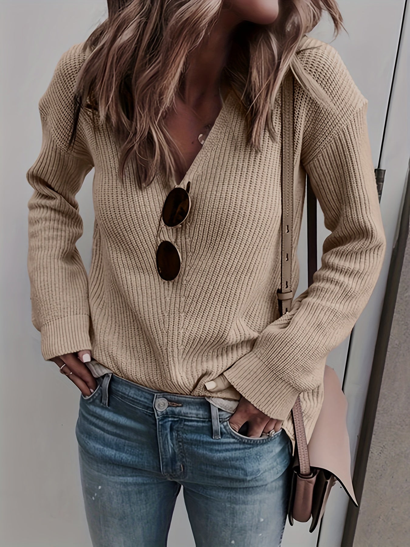 Solid V Neck Stretch Jumper