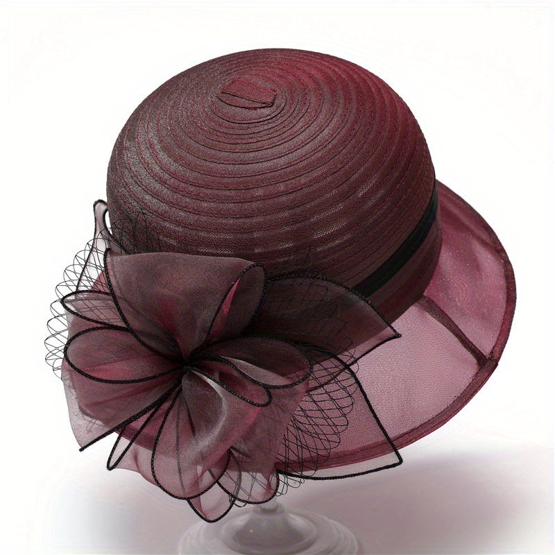 French Style Organza Bucket Hat Flower Decor Stitching Thin Basin Hat