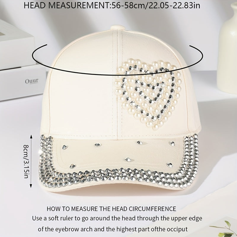 Pearl Rhinestone Baseball Cap Beige Sunshade Dad Hat For Women