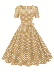 Polka Dot Bow Front Dress Vintage Square Neck Short Sleeve