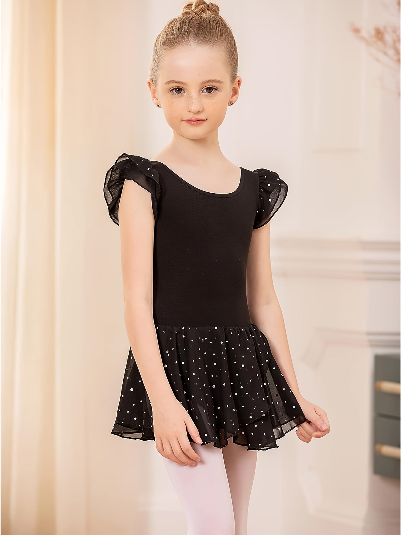 Girls Solid Ruffle Trim Ballet Leotard Dress Short Sleeve Dance Performance Gift