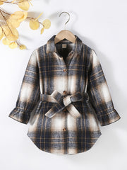 Girls Plaid Button Down Jacket with Belt