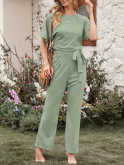 Solid Crew Neck Short Sleeve Jumpsuit High Waist Wide Leg Long Length With Belt